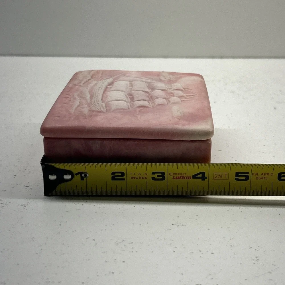 Vintage Pink Soapstone Trinket Box Rectangular Sailing Ship Relief‎